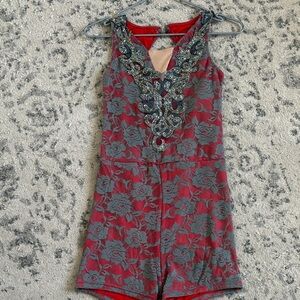 Red and Gray Floral Embellished Leotard